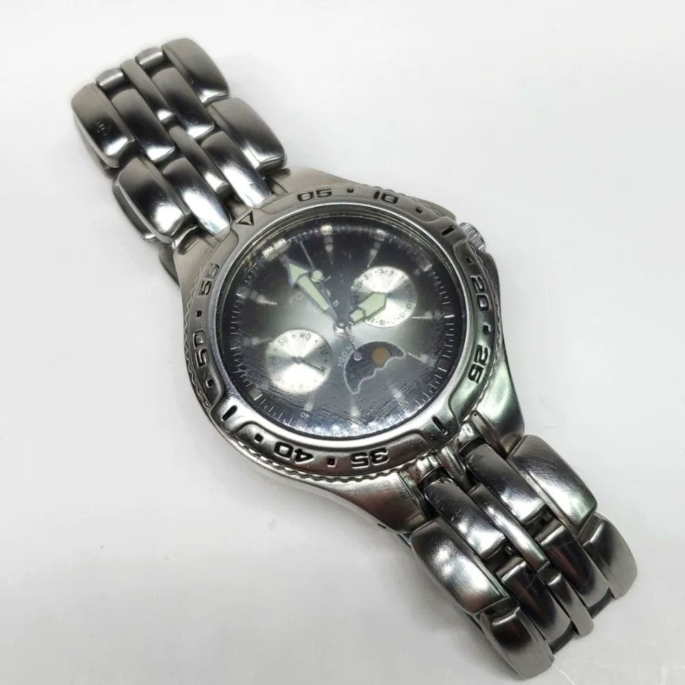 Fossil Blue Watch Mens BQ-9135 Silver Steel Wristband Gray Face Moonphase